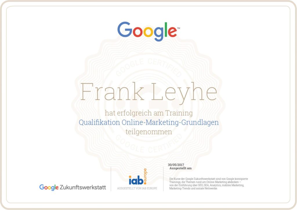Öffnet das Google Zertifikat für Frank Bandholz als neue Ansicht.