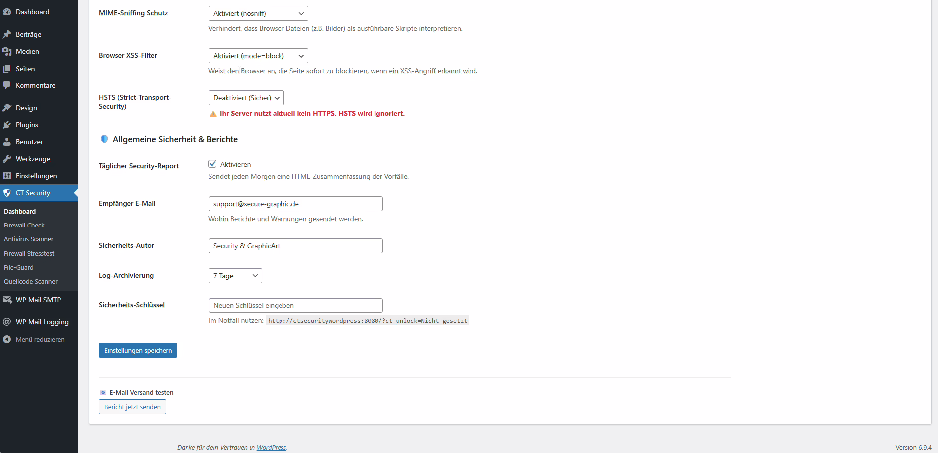 CT Security System v13 5 Konfigurationsseite für Reporting, Log-Archivierung und den Notfall-Sicherheits-Schlüssel des CT Security Systems.