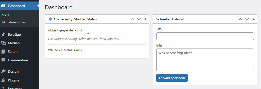 CT Security System v13 2 Dashboard-Ansicht des CT Security Systems mit Live-Statistiken (Flood-Stats) zur Überwachung von Traffic und blockierten Anfragen.