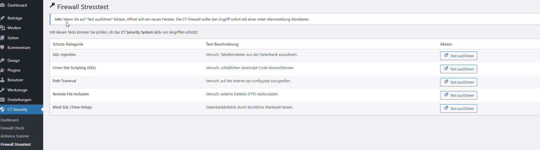 Screenshot des CT Firewall Stresstest-Dashboards mit verschiedenen Test-Kategorien wie SQL-Injection, XSS und Path Traversal zur Überprüfung des Echtzeitschutzes.